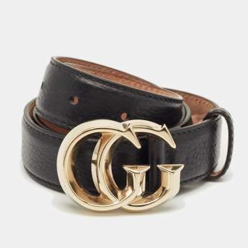 Pre Owned Gucci Black Leather Double G Buckle Belt 80CM