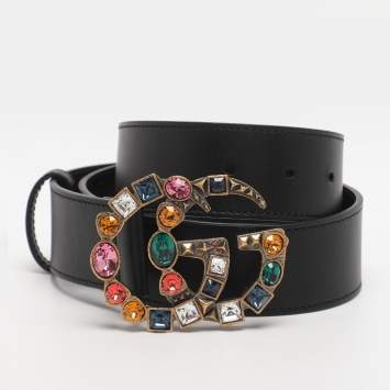Pre Owned Gucci Black Leather Crystal Embellished Marmont Belt 75CM