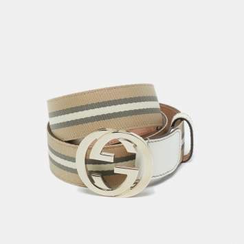 Pre Owned Gucci Beige/White Web Canvas and Leather Interlocking G Buckle Belt 90CM