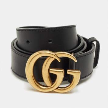 Pre Owned Gucci Black Leather GG Marmont Buckle Belt 75 CM