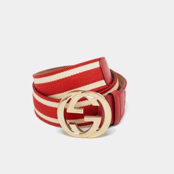 Pre Owned Gucci Red/White Web Canvas and Leather Interlocking G Buckle Belt 85CM