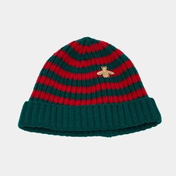 مملوكة مسبقًا Gucci Green/Red Striped Rib Knit Bee Applique Beanie L