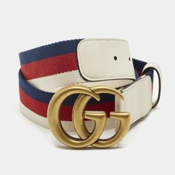 مملوكة مسبقًا Gucci GG Marmont 85CM Web Fabric and Leather Belt 