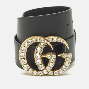 مملوكة مسبقًا Gucci Pearl Embellished Double G Wide Belt Black Leather