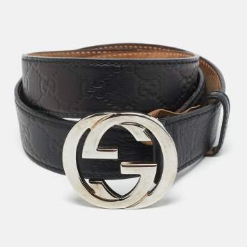 Pre Owned Gucci Black Guccissima Leather Interlocking G Buckle Belt 95CM