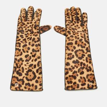 Pre Owned Gucci Interlocking G Long Gloves Brown Leopard Calfhair and Leather