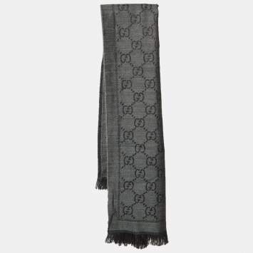 Pre Owned Gucci Grey GG Jacquard Wool Fringed Scarf