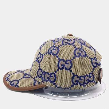 Pre Owned Gucci Fabric Beige Navy Jumbo GG Cap