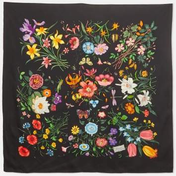مملوكة مسبقًا وشاح غوتشي حرير بطبعة زهور أسود