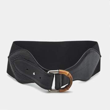 مملوكة مسبقًا Gucci Bamboo Buckle 65CM Waist Belt Black Elastic Fabric and Leather