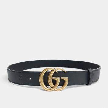 Pre Owned Gucci Marmont Black Leather Belt (414516) GHW