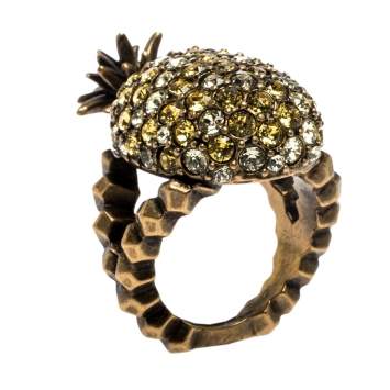 Pre Owned Gucci Pineapple Motif Multi Color Crystal Studded Gold Tone Ring Size 54