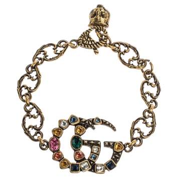 Pre Owned Gucci Double G Multicolor Crystal Gold Tone Bracelet 