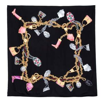 Pre Owned Gucci Black Multi Icon Print Silk Scarf
