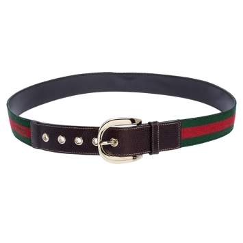 Pre Owned Gucci Brown Leather and Fabric Vintage Web Buckle Belt 100CM