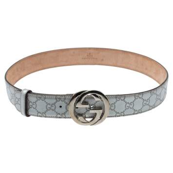 Pre Owned Gucci Silver Guccissima Leather Interlocking G Buckle Belt 90CM