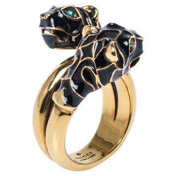 Pre Owned Gucci Tiger Double Head Enamel Gold Tone Wrap Ring Size 54.5