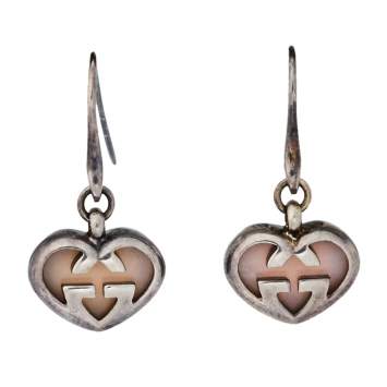 Pre Owned Gucci Love Britt Pink Stone Silver Drop Hook Earrings