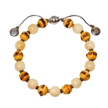 Pre Owned Gucci Bamboo Wood & Tagua Beads Silver Adjustable Bracelet Size 17