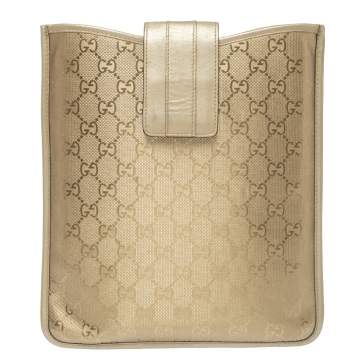 Pre Owned Gucci Gold GG Imprime Leather Flap iPad Case