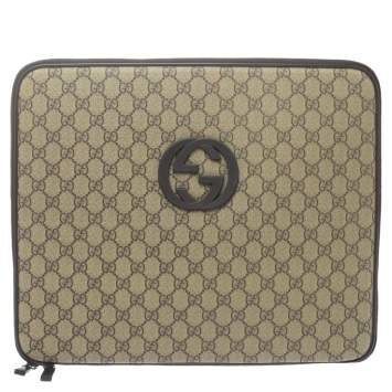 Pre Owned Gucci Beige/Ebony GG Supreme Canvas and Leather Interlocking Logo Laptop Case