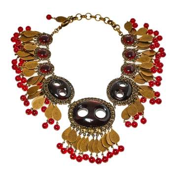 Pre Owned Gucci Aged Gold Tone Crystals & Bead Charm Statement Necklace