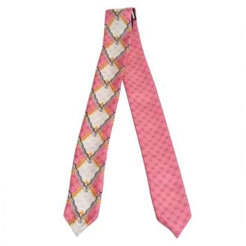Pre Owned Gucci Pink Snake Rhombus Print Silk Neck Bow