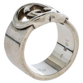 Pre Owned Gucci Sterling Silver Interlocking GG Band Ring Size EU 57