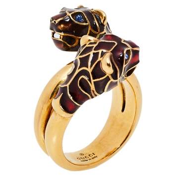 Pre Owned Gucci Tiger Double Head Enamel Gold Tone Wrap Ring 17