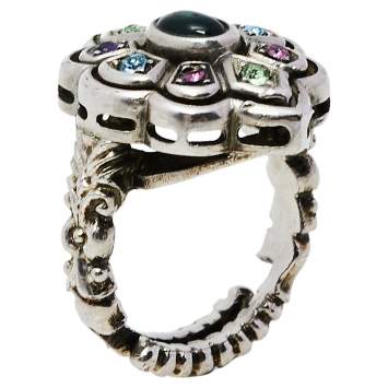 Pre Owned Gucci Multicolor Crystal Silver Tone Flower Ring 14