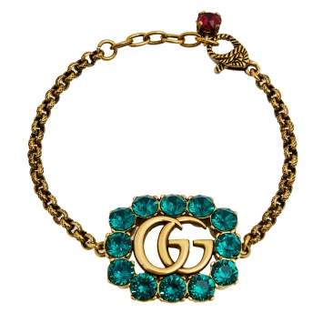 Pre Owned Gucci Antique Gold Plated Crystal Embellished GG Chain Bracelet