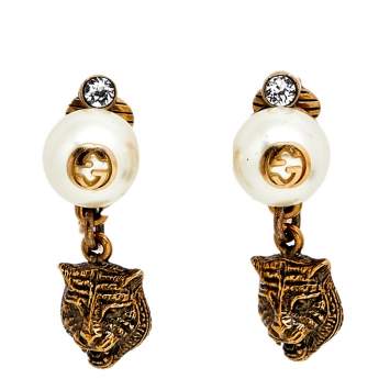 Pre Owned Gucci  GG Logo Pearl Feline Tiger Crystal Drop Dangle Earrings