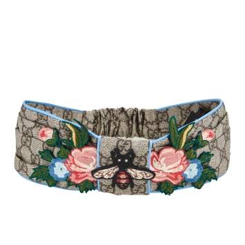 Pre Owned Gucci Brown Guccissima Bee & Floral Appliqué Silk Headband 