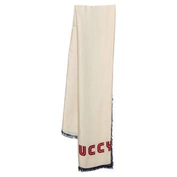 Pre Owned Gucci Cream Silk Modal Guccy Print Web Striped Shawl