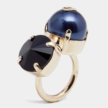 Pre Owned Gucci Gold Tone Faceted Double Pearl Cocktail Ring Size 9