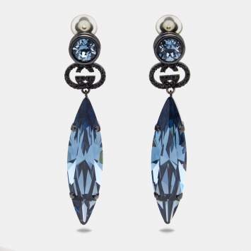 Pre Owned Gucci Black Tone Iridescent Crystal Drop Clip On Earrings