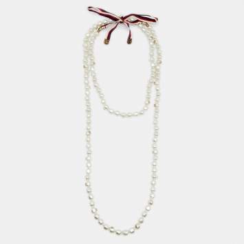 Pre Owned Gucci Faux Pearls Ribbon Gold Tone Metal Beaded Necklace