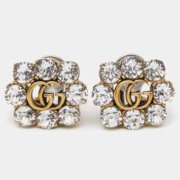 Pre Owned Gucci Double G Crystals Gold Tone Metal Clip On Earrings