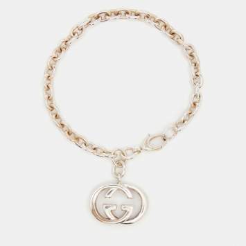 Pre Owned Gucci Interlocking Sterling Silver Link GG Charm Bracelet