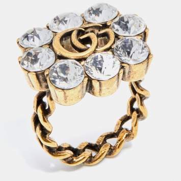 Pre Owned Gucci Double G Crystal Gold Tone Ring Size M
