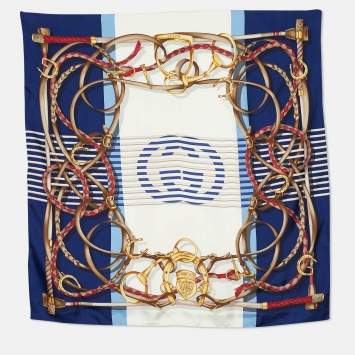 Pre Owned Gucci Blue & White Stirrup Logo Print Silk Scarf