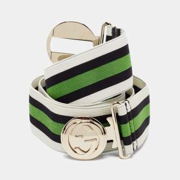 Pre Owned Gucci Green/White Web Elastic Band Interlocking G Belt 90CM