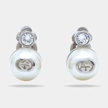 Pre Owned Gucci GG Faux Pearl Crystals Silver Tone Clip On  Earrings