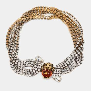 Pre Owned Gucci Multi Strand Crystal Lion Head Choker Necklace S