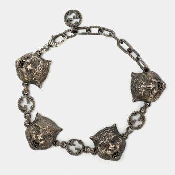 Pre Owned Gucci Sterling Silver Garden Feline Charm Bracelet