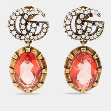 Pre Owned Gucci Gold Tone GG Crystal Drop Earrings