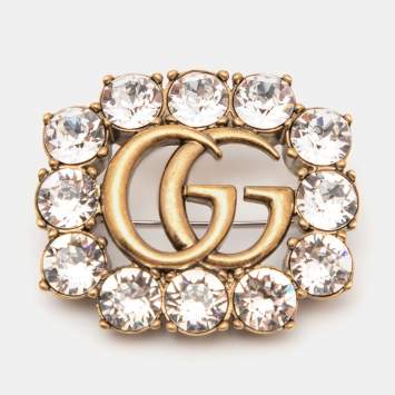 Pre Owned Gucci Aged Gold Tone Crystal Double G Pin Brooch 