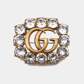 Pre Owned Gucci Aged Gold Tone GG Crystal Pin Brooch