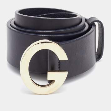 Pre Owned Gucci Black Leather G Logo Buckle Belt 80 CM