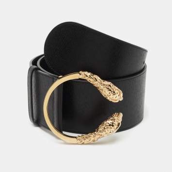 Pre Owned Gucci Black Leather Tiger Head Wide Belt 70CM